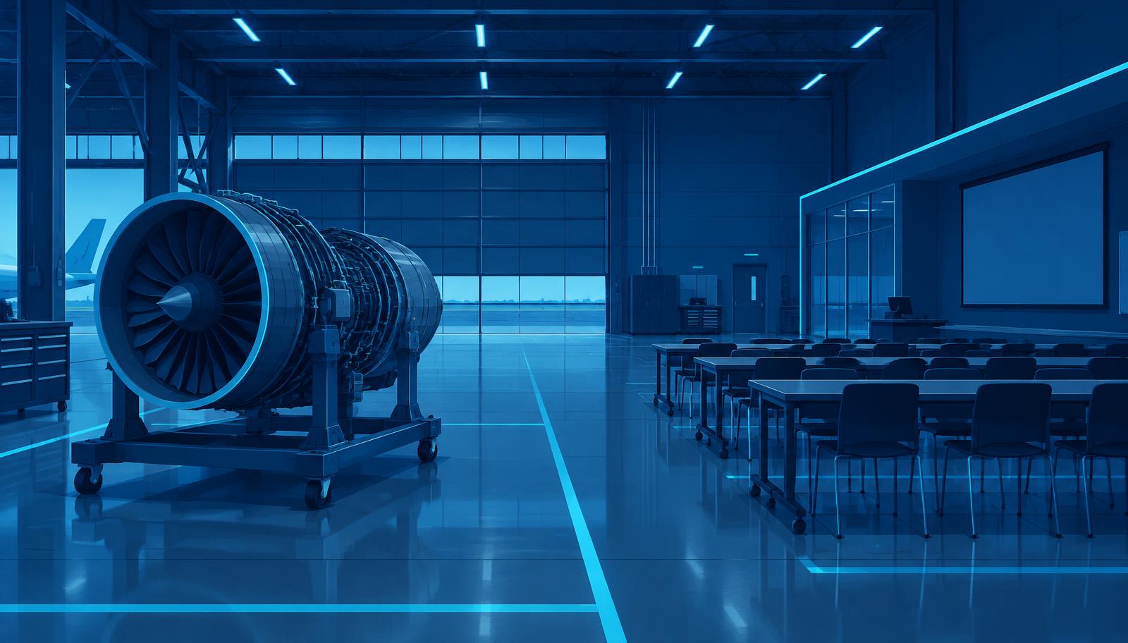 Illustration d'un hangar de formation à la maintenance avec un moteur sur banc et une salle de cours